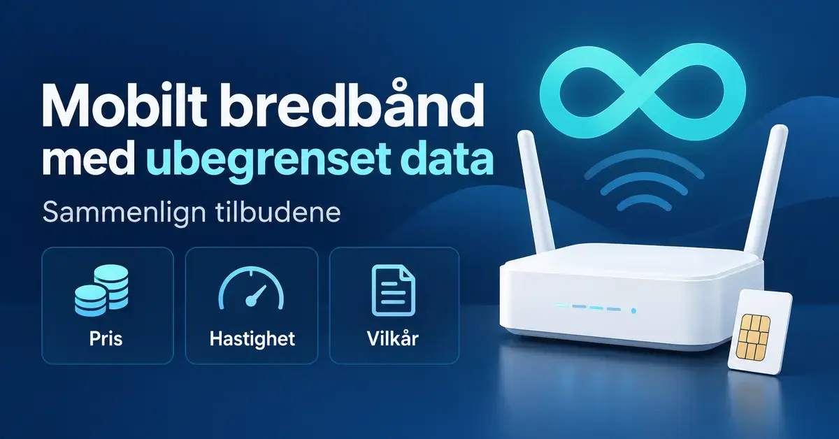 Illustrasjon av en trådløs ruter, et SIM-kort og et uendelighetssymbol med tekst om mobilt bredbånd med ubegrenset data og sammenligning av pris, hastighet og vilkår.