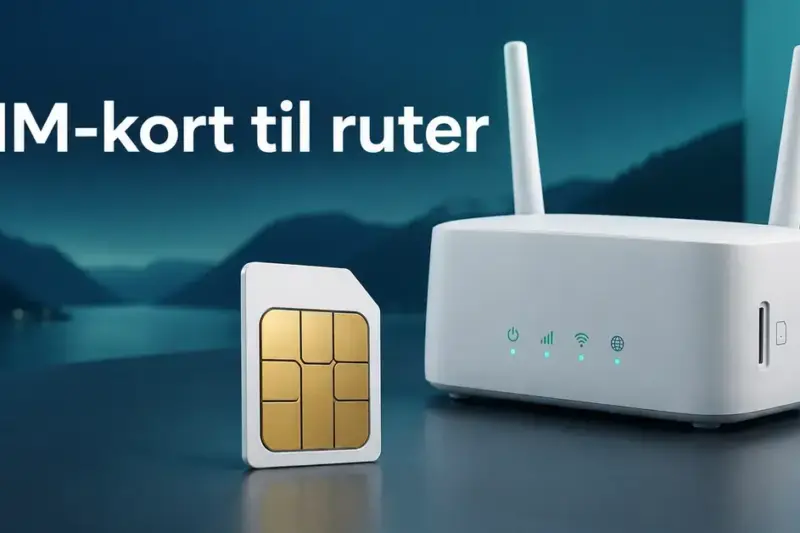 Et SIM-kort med gullkontakter står ved siden av en hvit ruter med to antenner mot en blå bakgrunn, med teksten «SIM-kort til ruter».