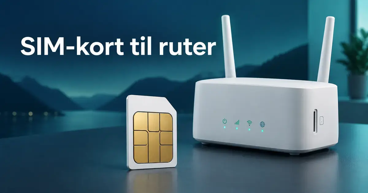 Et SIM-kort med gullkontakter står ved siden av en hvit ruter med to antenner mot en blå bakgrunn, med teksten «SIM-kort til ruter».