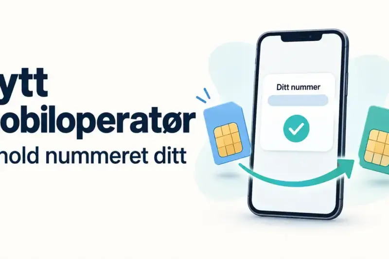 Illustrasjon av en mobiltelefon og to SIM-kort med en pil mellom seg og teksten «Bytt mobiloperatør – Behold nummeret ditt».