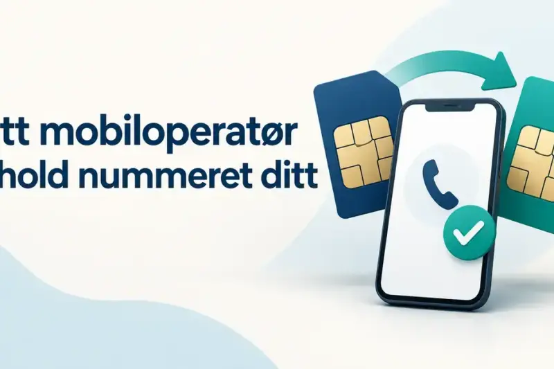 Illustrasjon av en mobiltelefon med hake og to SIM-kort forbundet med en pil, med teksten «Bytt mobiloperatør – Behold nummeret ditt».