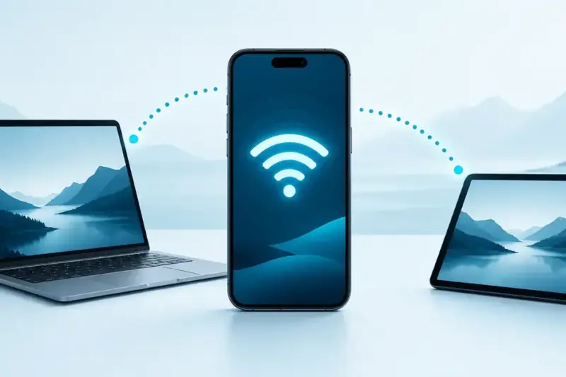Illustrasjon av en mobiltelefon som deler internett trådløst med en bærbar PC og et nettbrett via mobil hotspot.