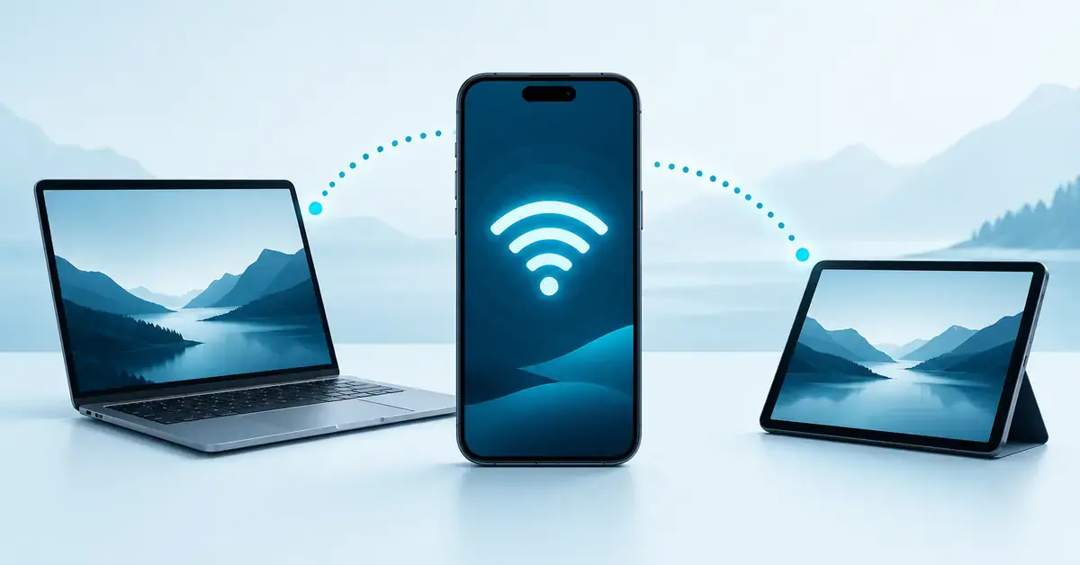 Illustrasjon av en mobiltelefon som deler internett trådløst med en bærbar PC og et nettbrett via mobil hotspot.