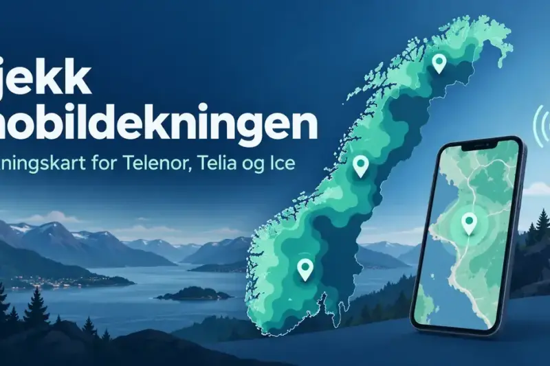 Illustrasjon av et norgeskart med dekningsområder, en mobiltelefon og en mobilmast, med teksten «Sjekk mobildekningen – Dekningskart for Telenor, Telia og Ice».