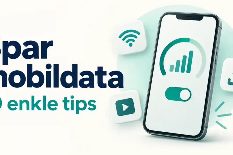 Illustrasjon av en mobiltelefon med datamåler og ikoner for Wi-Fi, video og nedlasting, med teksten «Spar mobildata – 10 enkle tips».
