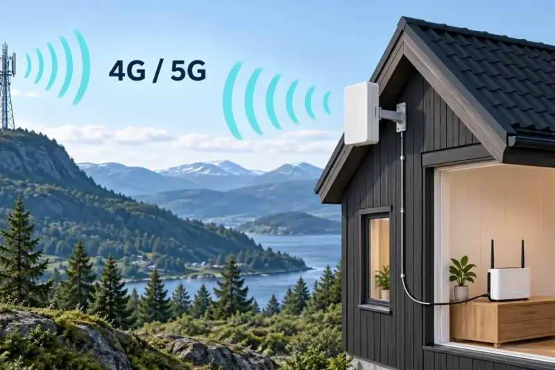 Illustrasjon av en utendørsantenne på et hus som mottar 4G- og 5G-signaler fra en mobilmast og er koblet med kabel til en ruter inne i huset.