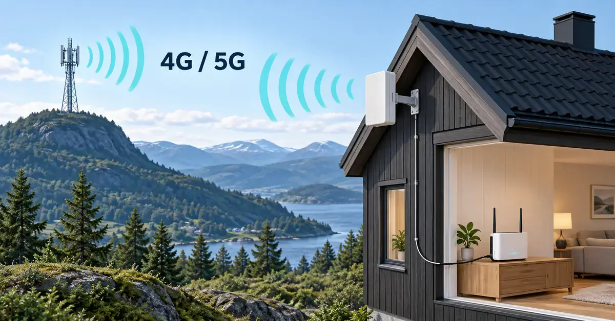 Illustrasjon av en utendørsantenne på et hus som mottar 4G- og 5G-signaler fra en mobilmast og er koblet med kabel til en ruter inne i huset.