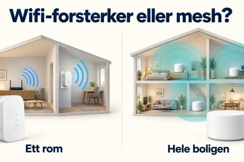 Illustrasjon som sammenligner en wifi-forsterker for bedre dekning i ett rom med et mesh-system som fordeler trådløs dekning i hele boligen.