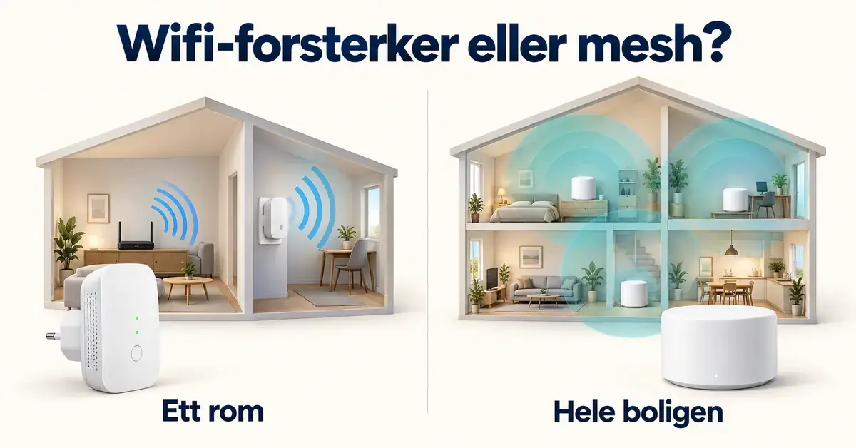 Illustrasjon som sammenligner en wifi-forsterker for bedre dekning i ett rom med et mesh-system som fordeler trådløs dekning i hele boligen.